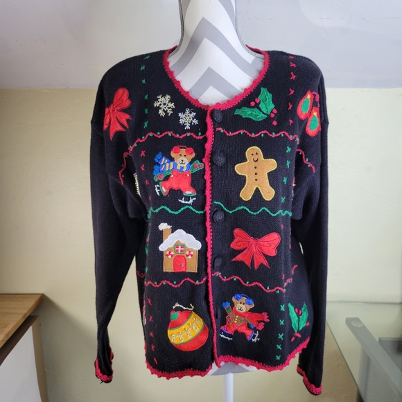 Nutcracker Sweaters - Womans Nutcracker Christmas Cardigan Cute Appliques Red Trim Size Large